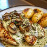 Creamy Garlic Mushroom Chicken & Roasted Potatoes with Basil Pesto 2 Creamy Garlic Mushroom Chicken & Roasted Potatoes with Basil Pesto