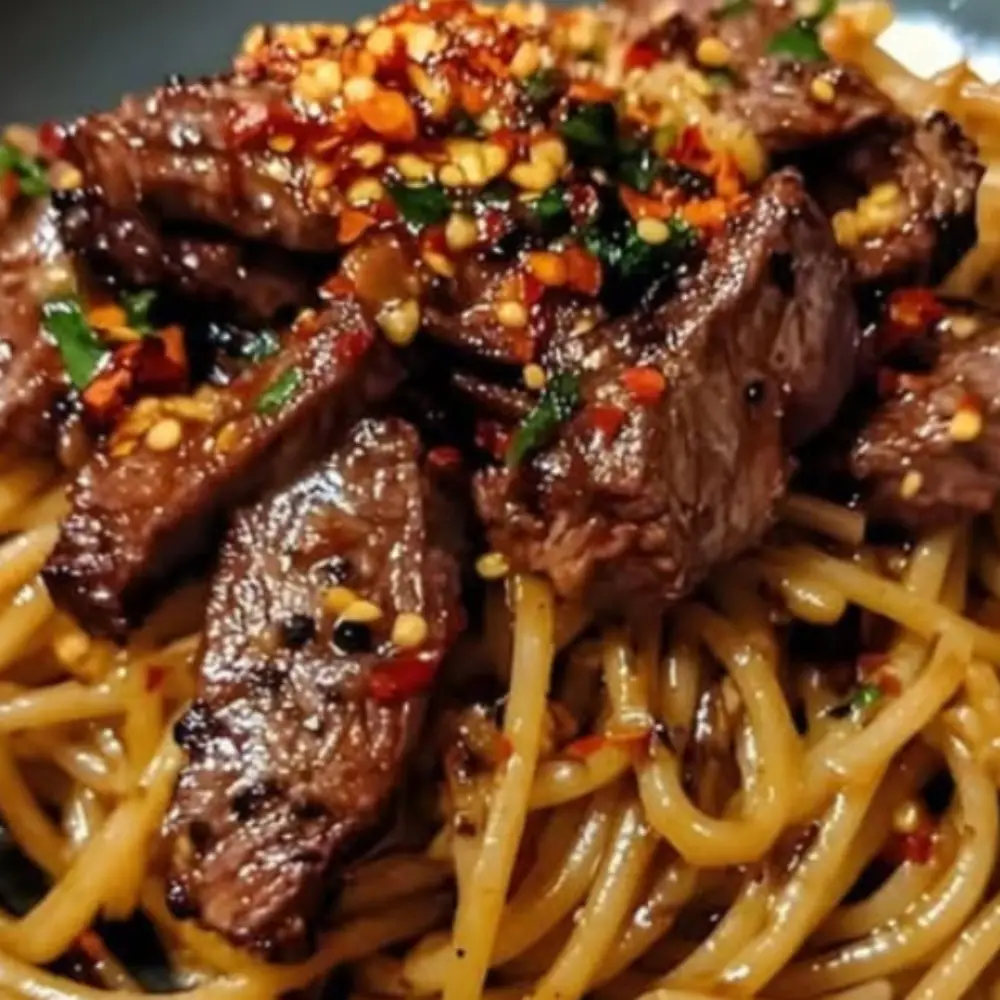 Sweet and Spicy Garlic Steak Pasta