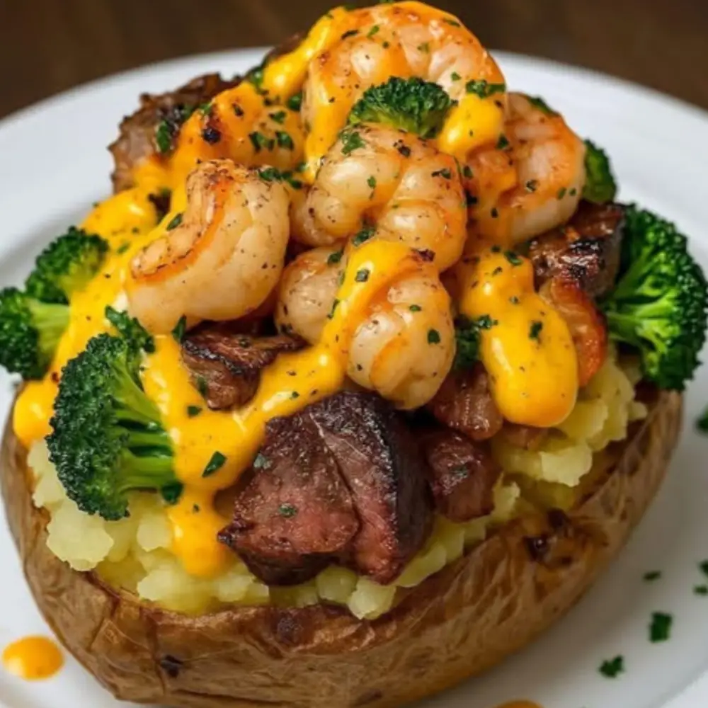 Loaded Baked Potato with Steak, Shrimp & Broccoli