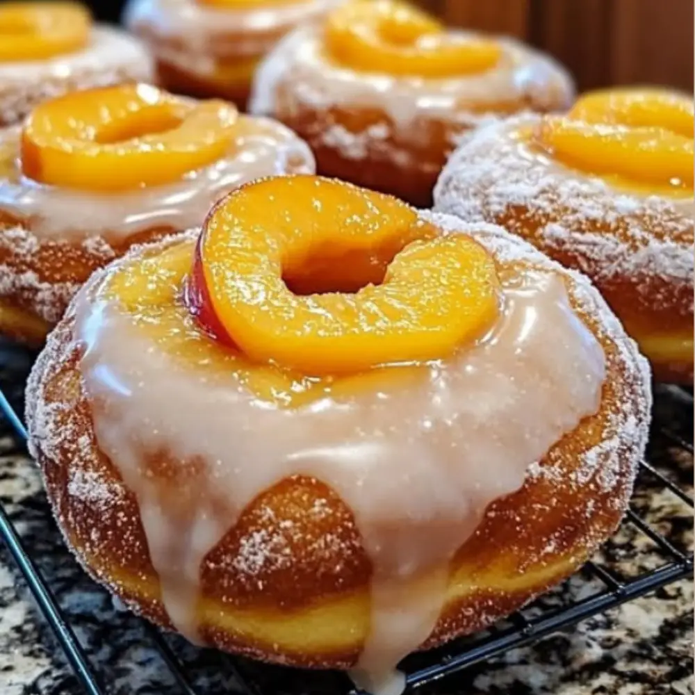 Oversized Peach Cobbler Cheesecake Donuts with Vanilla Glaze