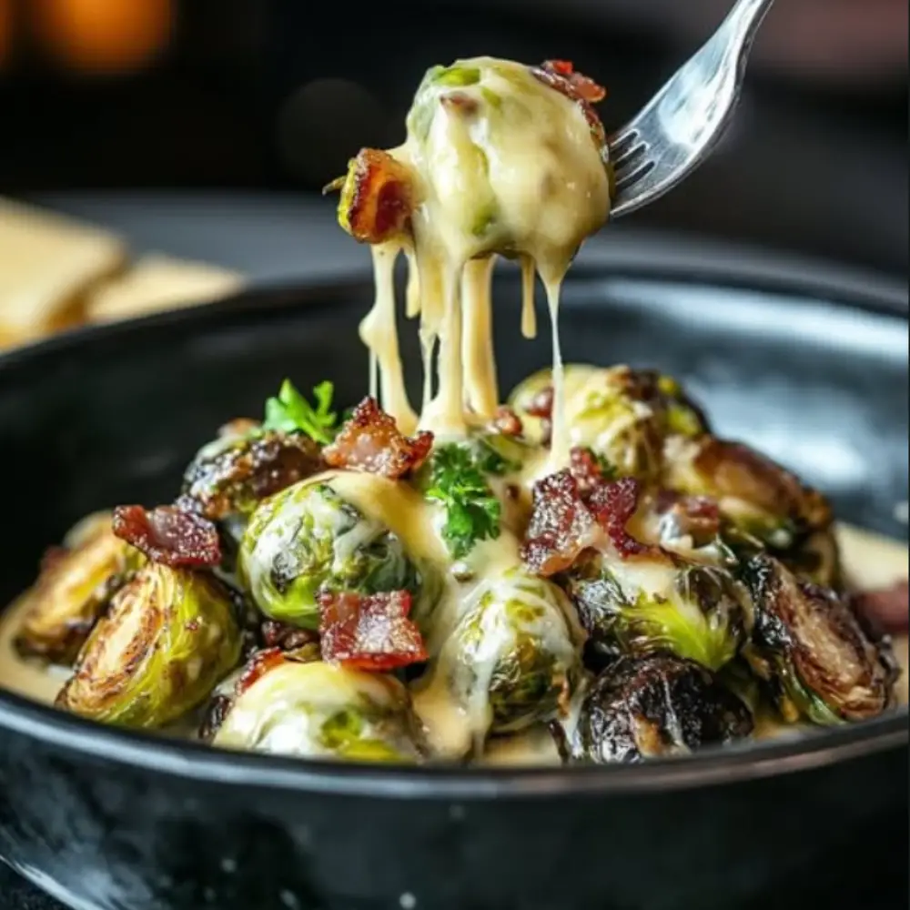 Savory Espresso Roasted Brussels Sprouts with Crispy Bacon & Velvety Cheese Sauce