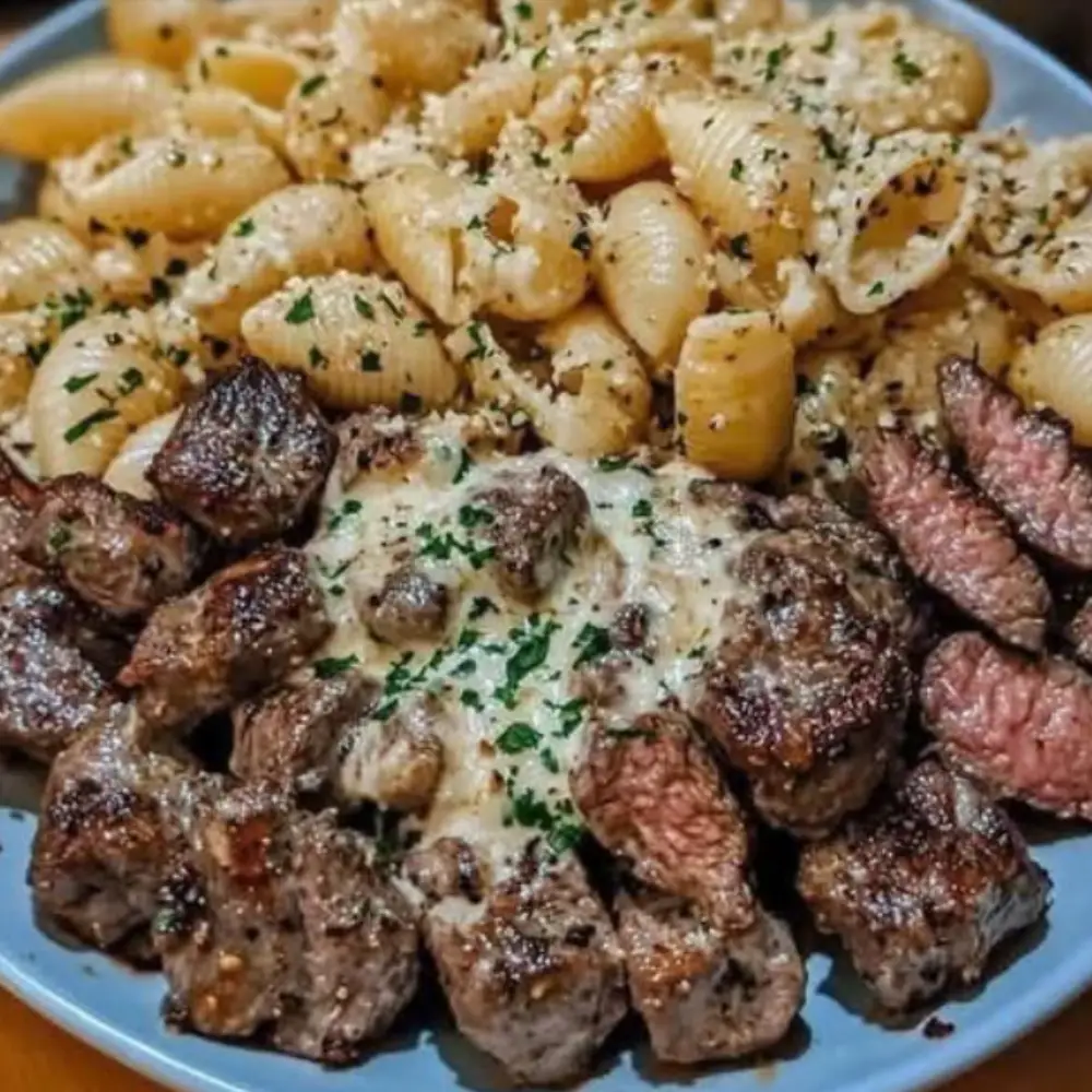 Garlic Butter Steak Bites & Creamy Parmesan Shells