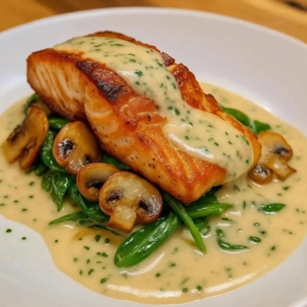 Garlic Butter Salmon with Spinach & Mushrooms in Creamy Sauce