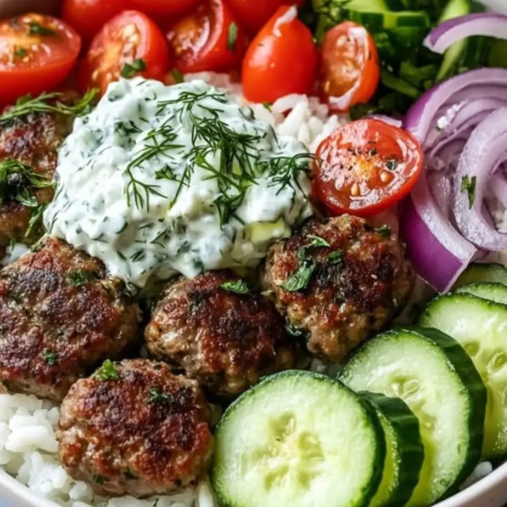 Mediterranean-Inspired Greek Meatball Bowl with Rice and Tzatziki