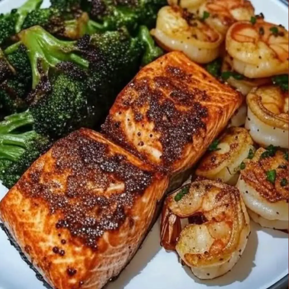 Cajun Salmon & Garlic Butter Shrimp with Roasted Broccoli