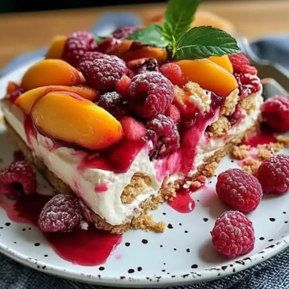 Summer Bliss Peach and Raspberry Cheesecake Delight