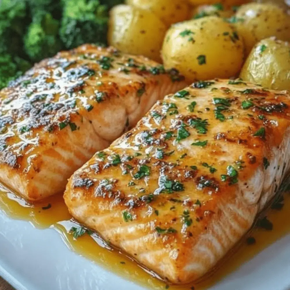 Lemon Butter Salmon with Crispy Potatoes and Broccoli