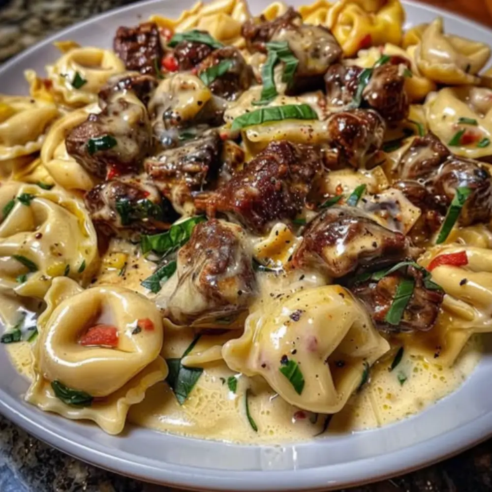 Cheesesteak Tortellini in Creamy Provolone Pepper Sauce