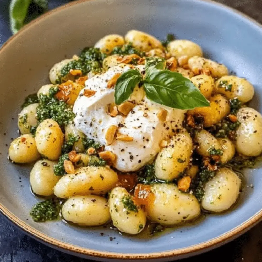 Lemon Pesto Gnocchi with Burrata & Baby Greens