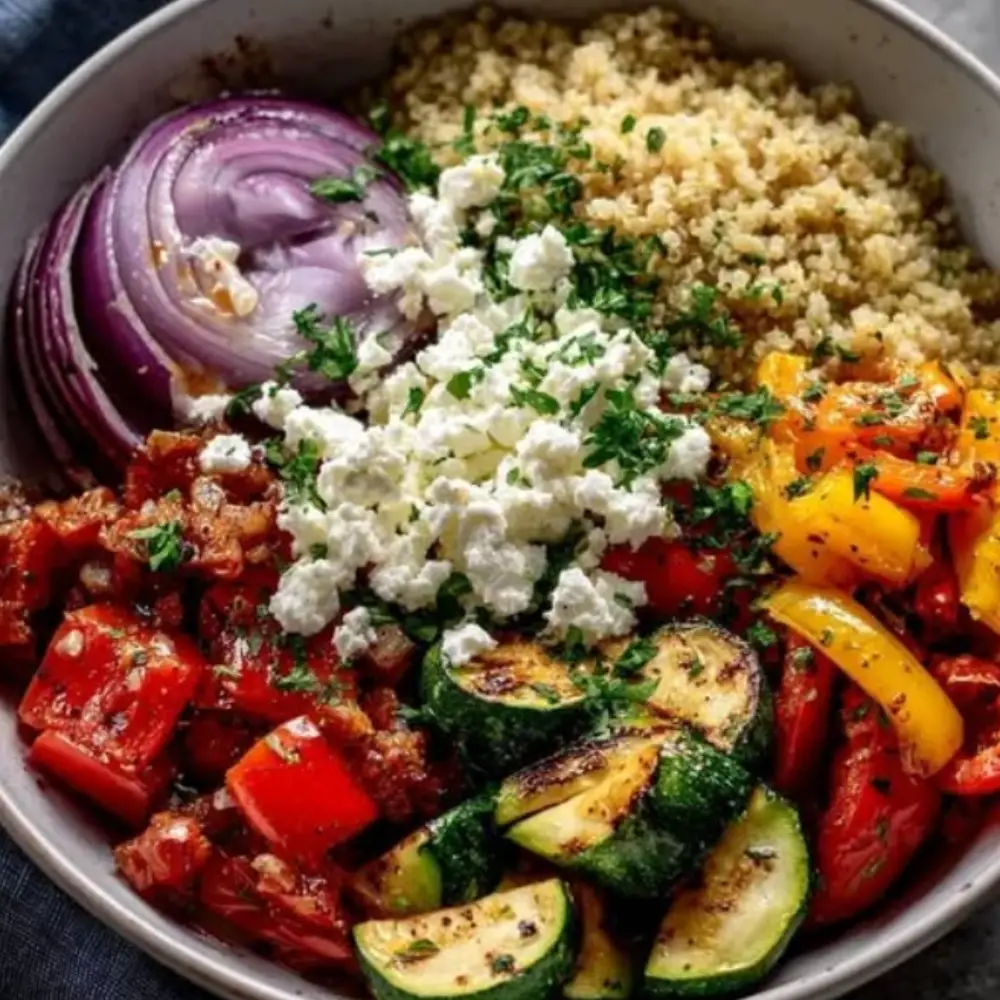 Mediterranean Grain Bowls with Roasted Vegetables, Feta & Fresh Herbs